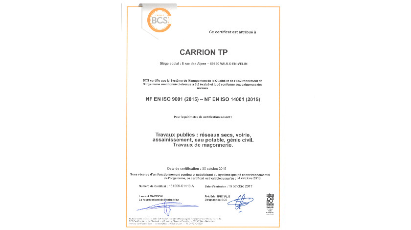 iso 9001 14001 version 2015 qualité environnement certification carrion tp
